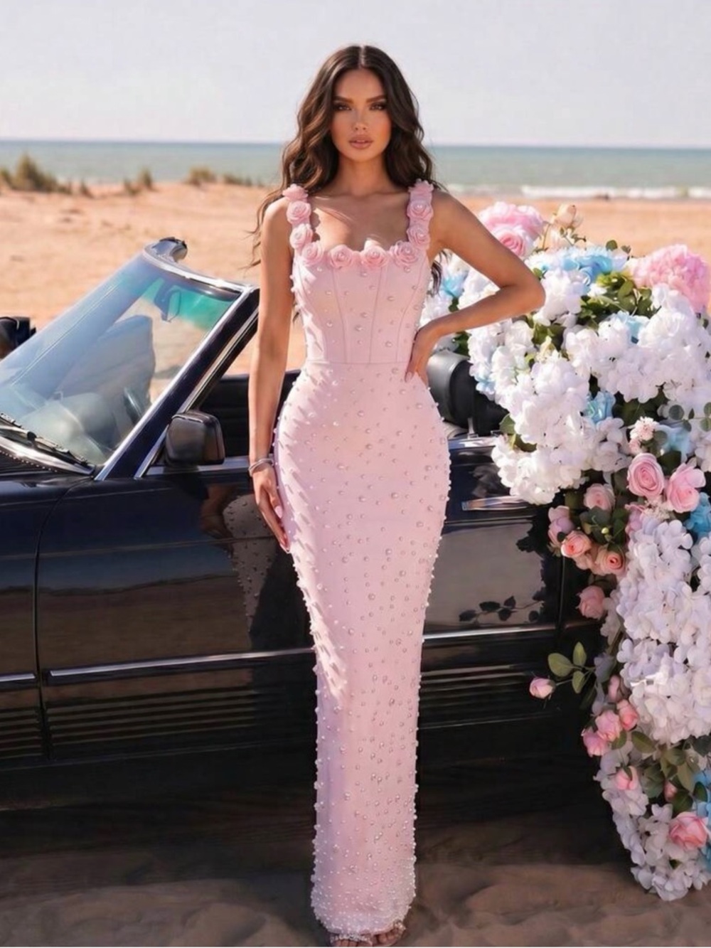 Blush Pink 3D Floral Mermaid Gown Beaded Formal Dress  Prom for  Wedding Guest